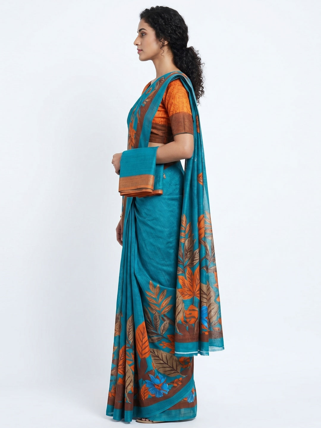 Rama Blue Casual Wear Digital Printed Cotton Silk Saree - Image 2