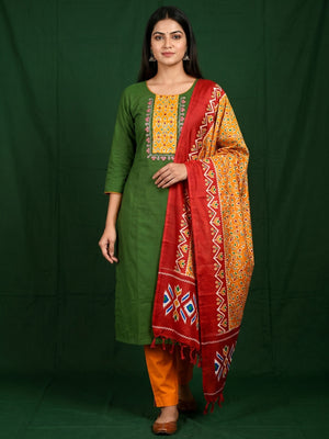 Green Festive Wear Embroidery With Embellished Cotton Dress Material - Image 1