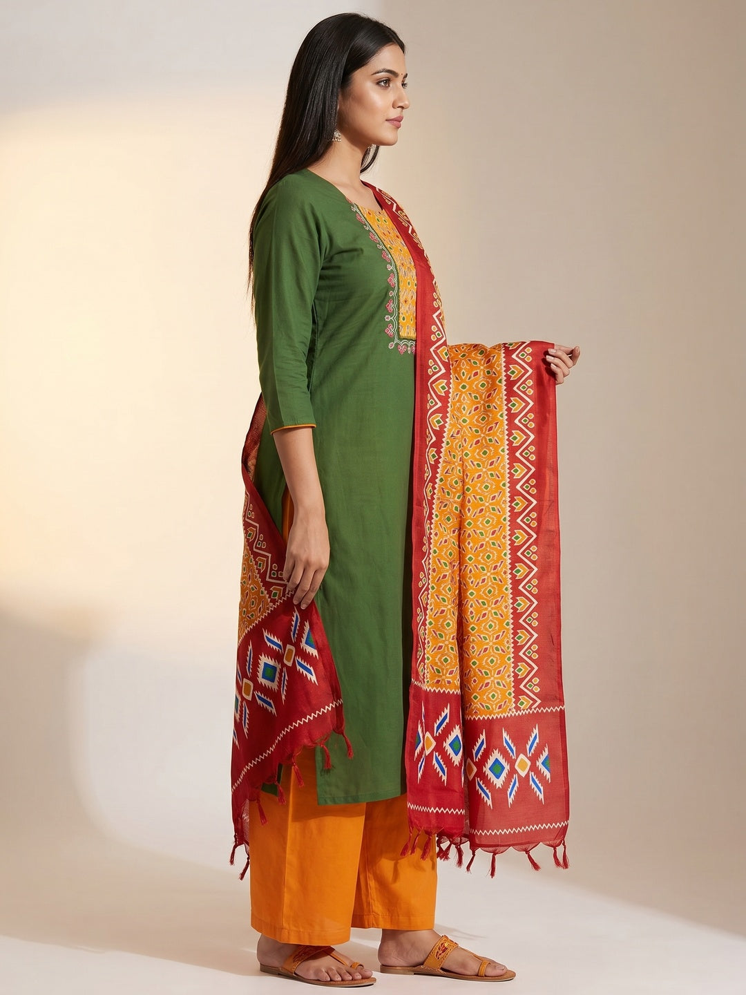 Green Festive Wear Embroidery With Embellished Cotton Dress Material - Image 3