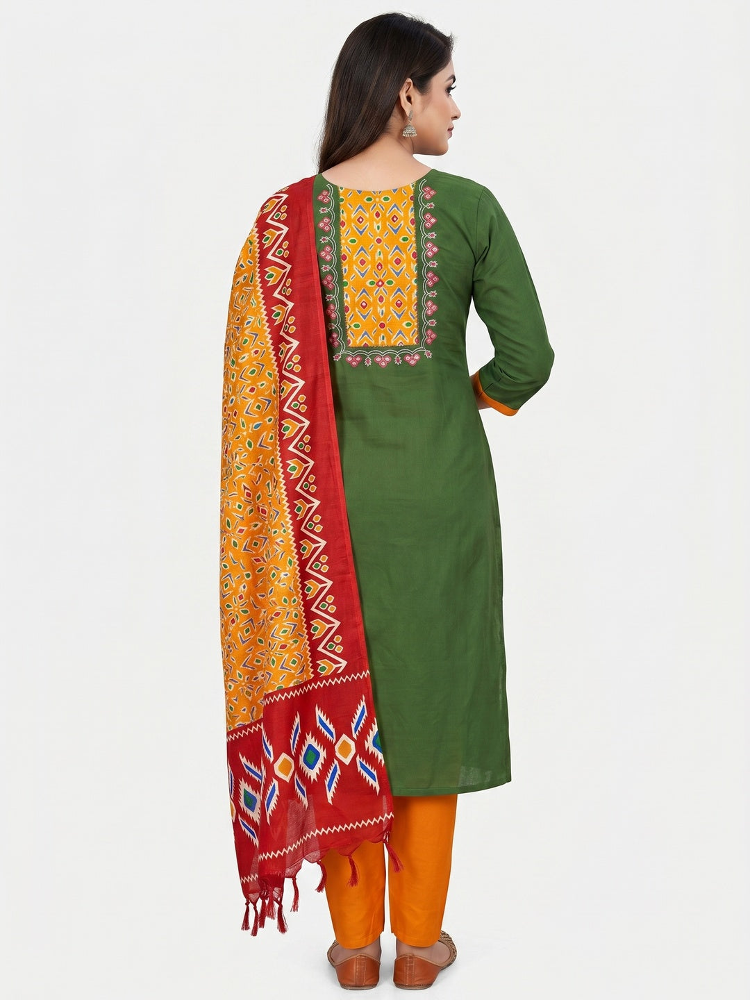 Green Festive Wear Embroidery With Embellished Cotton Dress Material - Image 2