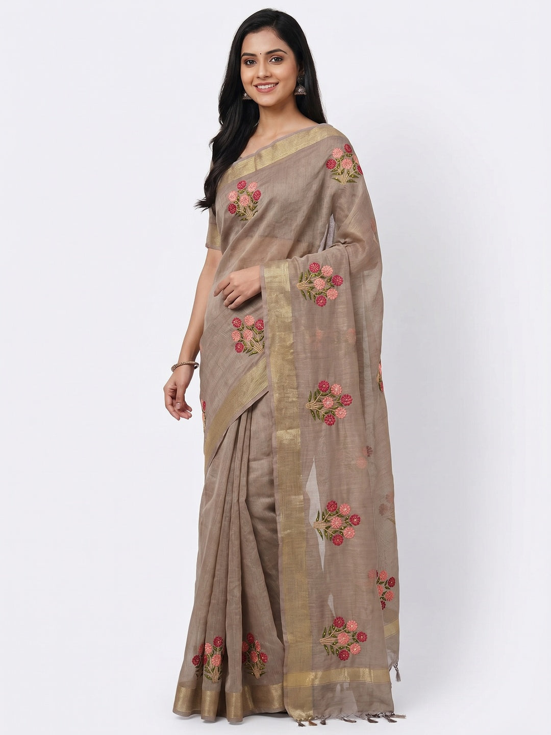 Brown Festive Wear Floral Embroidered With Embellished Cotton Saree - Image 1