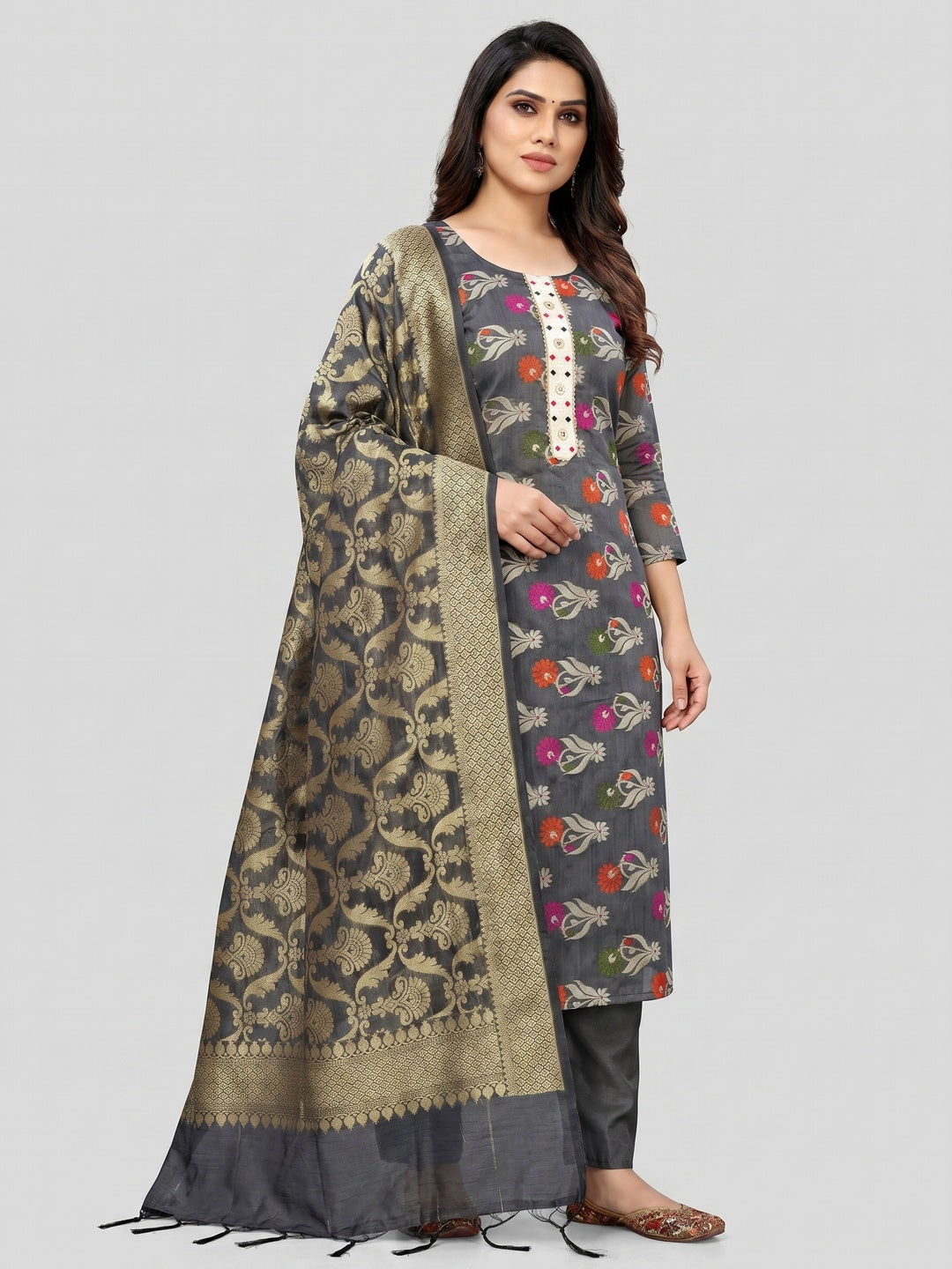 Grey Woven Banarasi Dress Material - Image 1