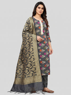 Grey Woven Banarasi Dress Material - Image 1