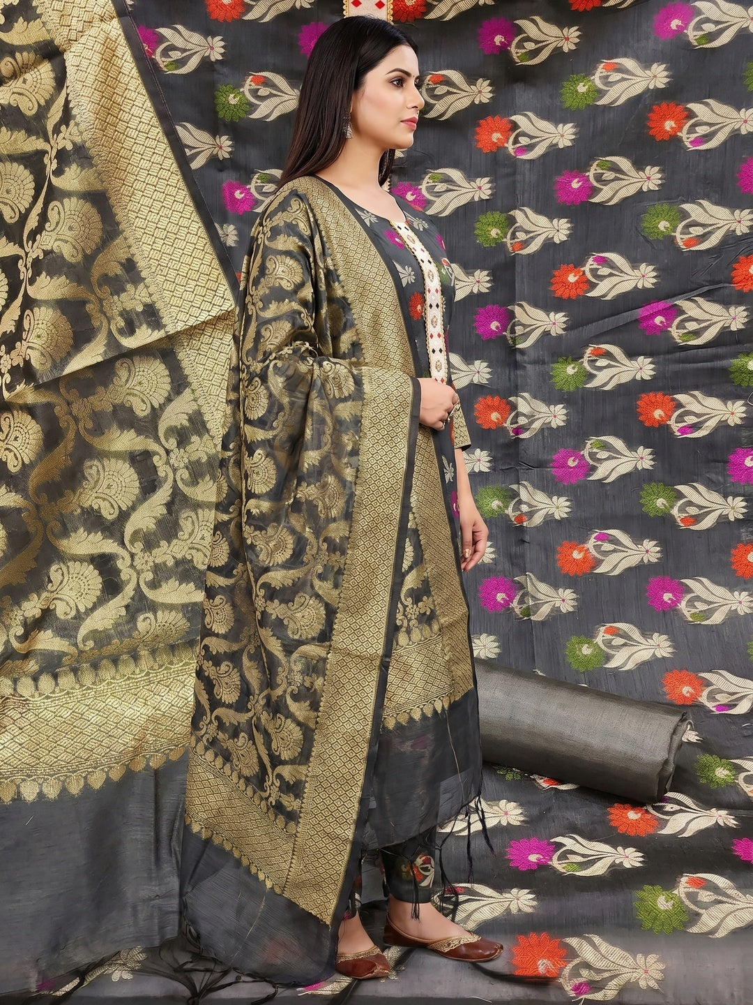 Grey Woven Banarasi Dress Material - Image 2