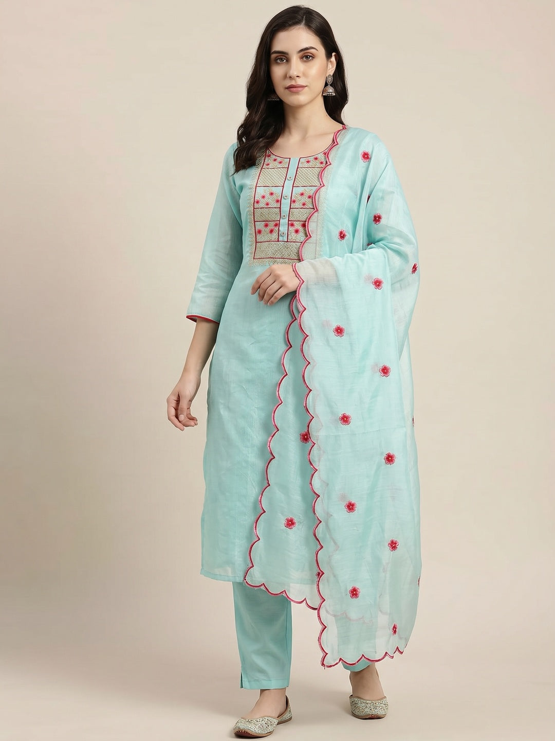Blue Floral Embroidered Chanderi Dress Material - Image 1