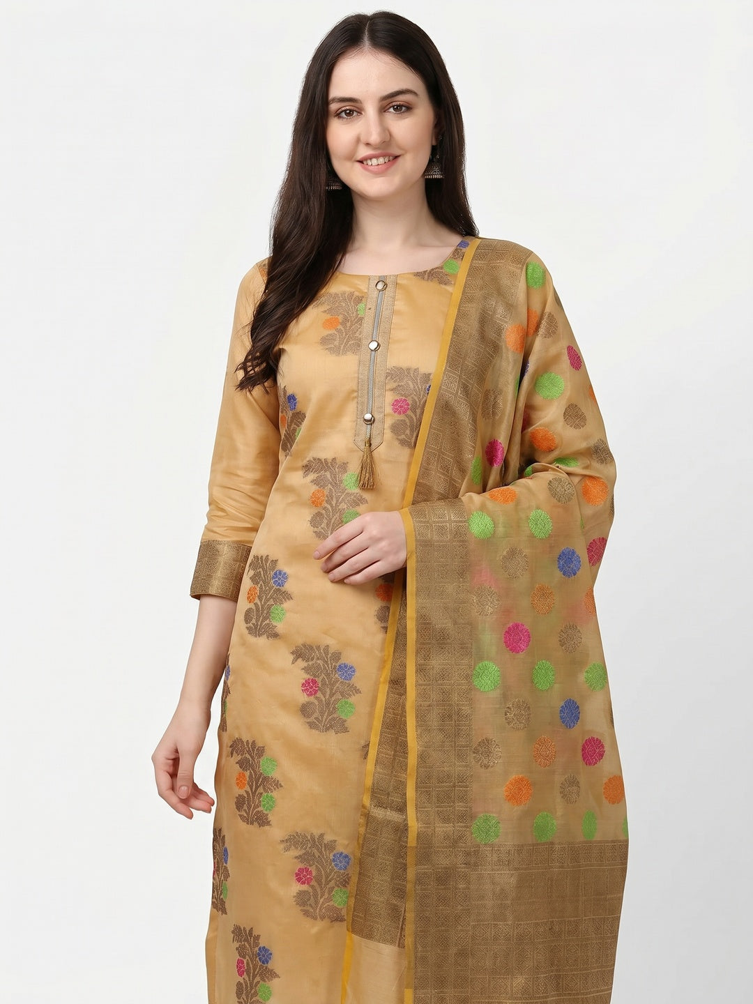 Chikoo Festive Wear Floral Woven Banarasi Silk Dress Material - Image 4