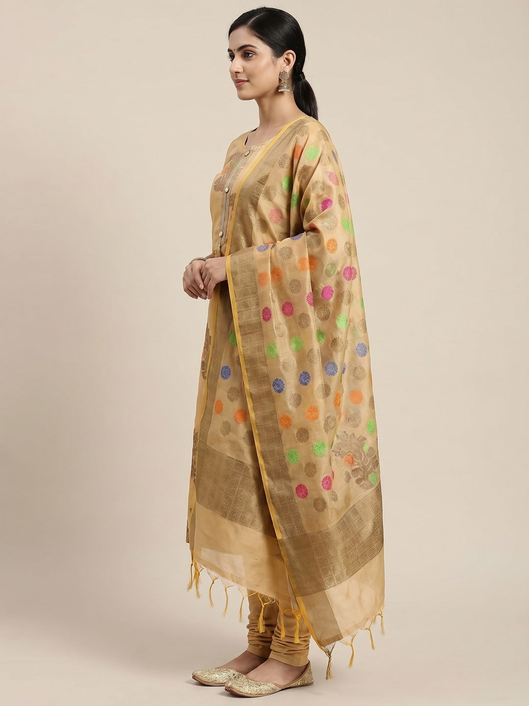 Chikoo Festive Wear Floral Woven Banarasi Silk Dress Material - Image 2