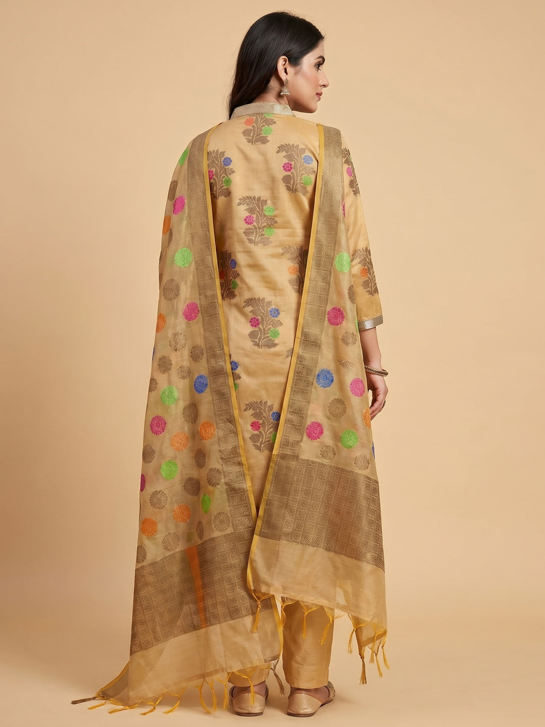 Chikoo Festive Wear Floral Woven Banarasi Silk Dress Material - Image 3