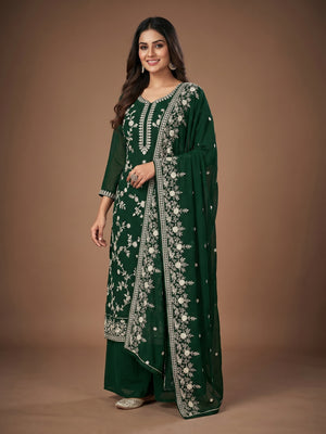 Bottle Green Floral Embroidered Georgette Dress Material - Image 1