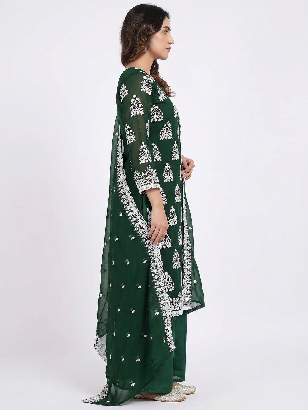 Bottle Green Floral Embroidered Georgette Dress Material - Image 3