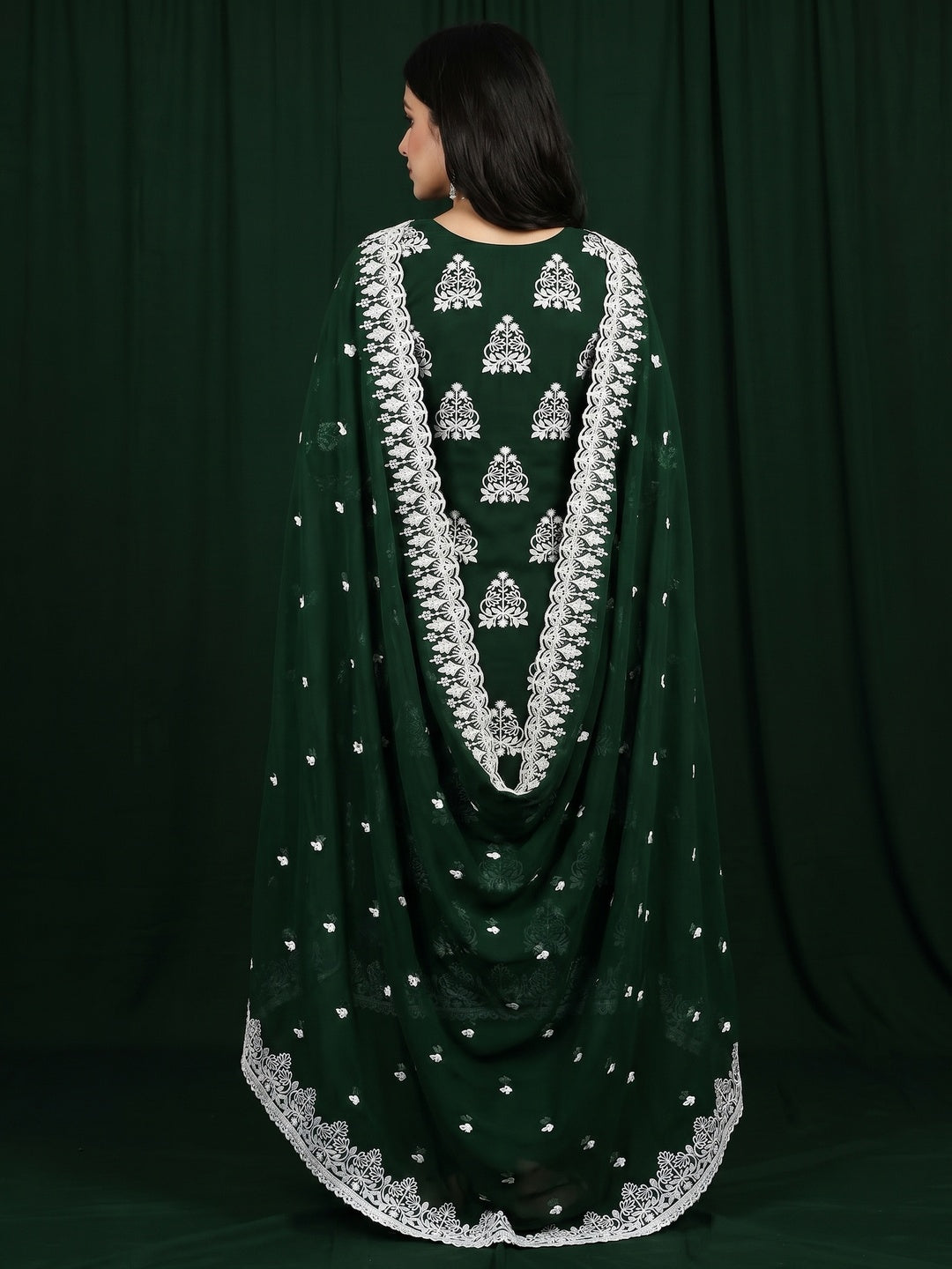 Bottle Green Floral Embroidered Georgette Dress Material - Image 2