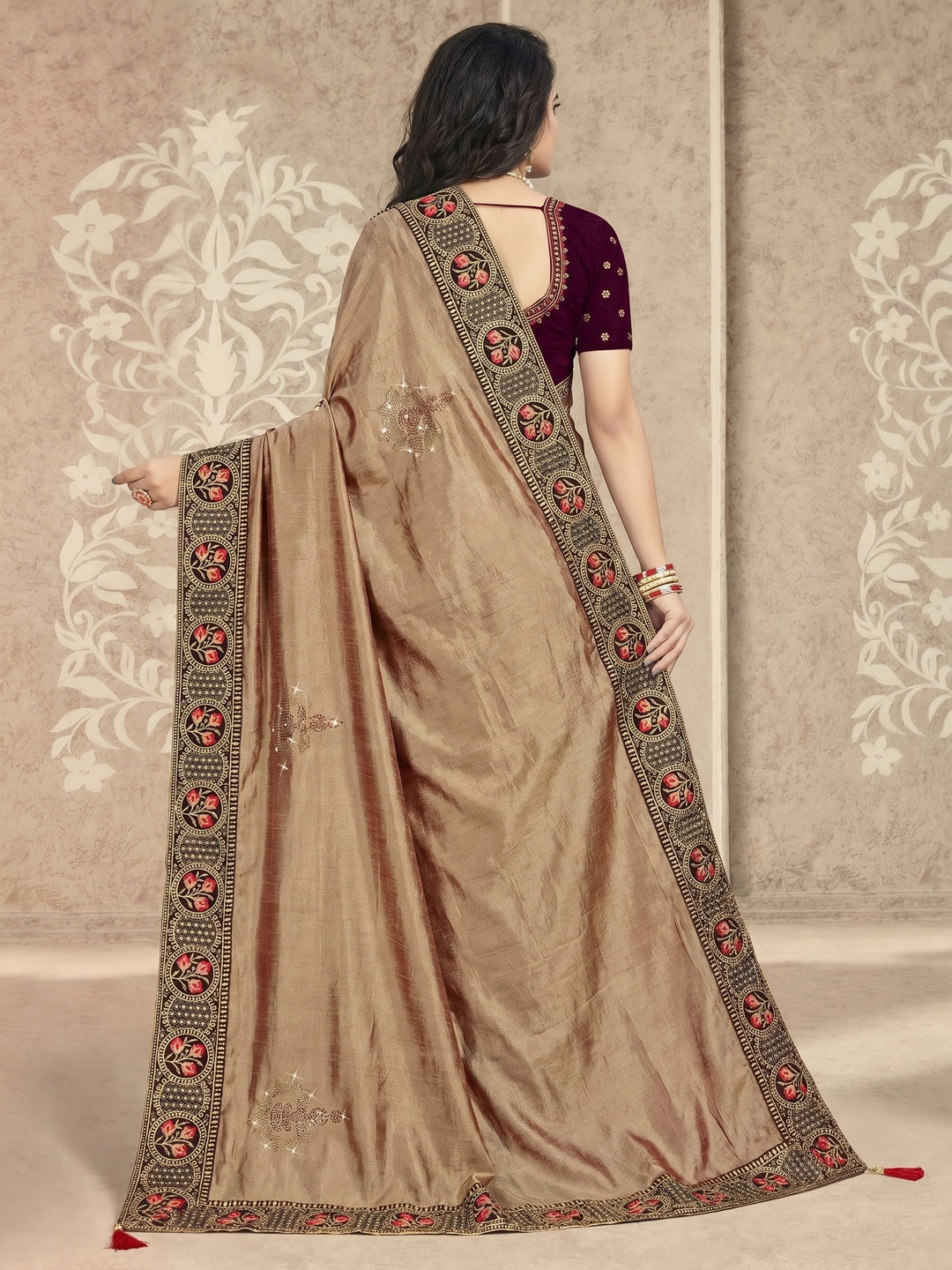 Beige Embellished Vichitra Silk Saree - Image 1