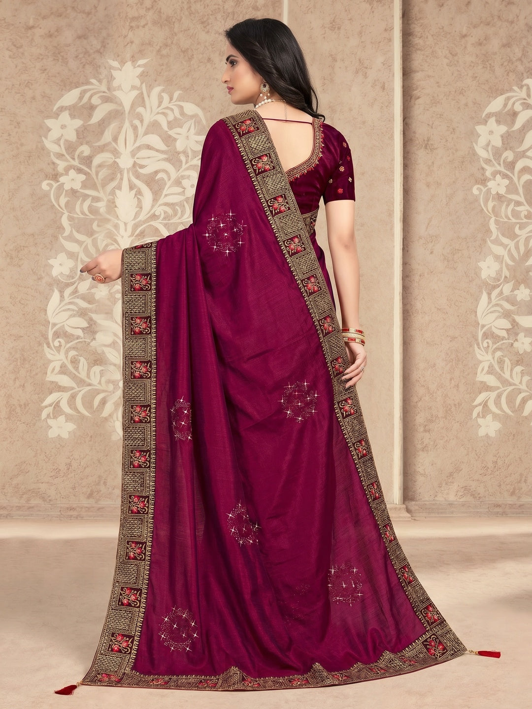 Wine Embellished Vichitra Silk Saree - Image 1