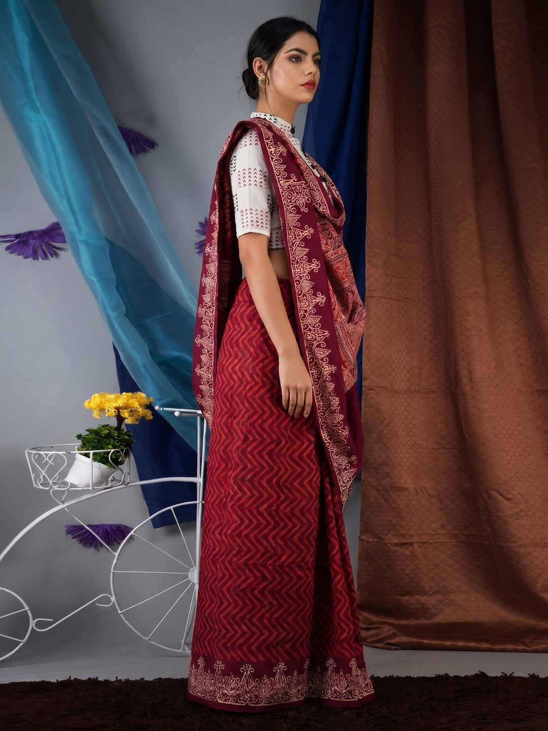 Maroon Striped Printed Linen Saree - Image 1