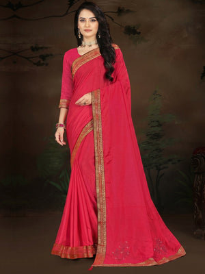 Pink Embellished With Embroidered Vichitra Silk Saree - Image 1