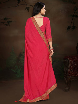 Pink Embellished With Embroidered Vichitra Silk Saree - Image 2