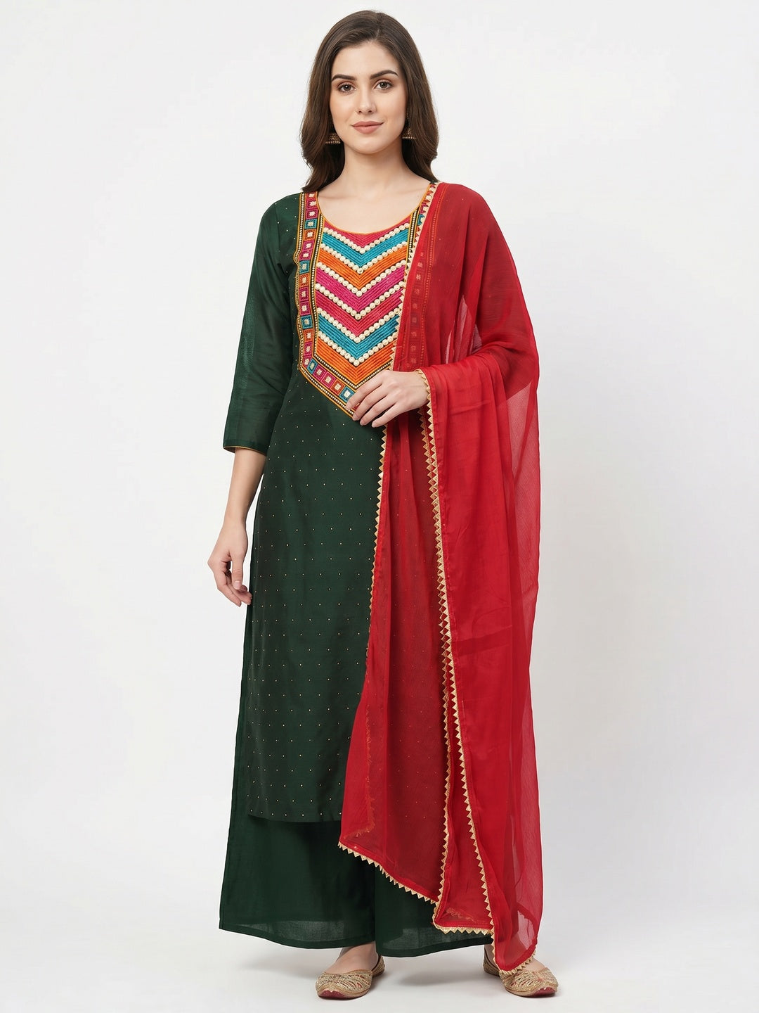 Green Embroidered Chanderi Dress Material - Image 1
