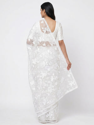 White Floral Embroidered Organza Saree - Image 2