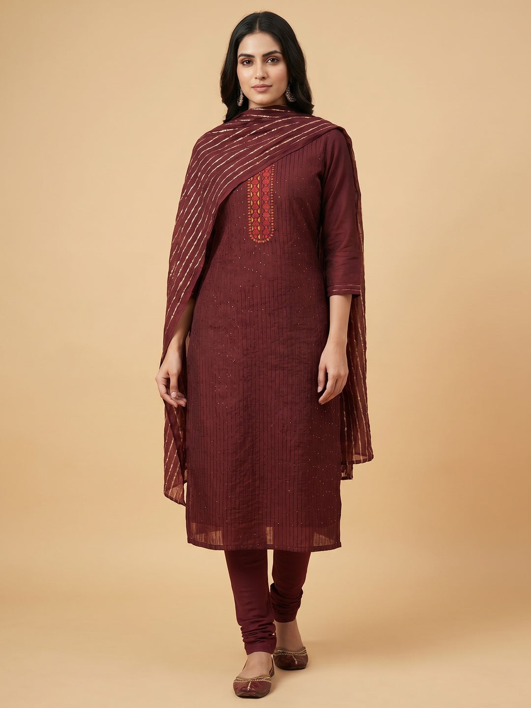 Maroon Sequins Embroidered Chanderi Dress Material - Image 1