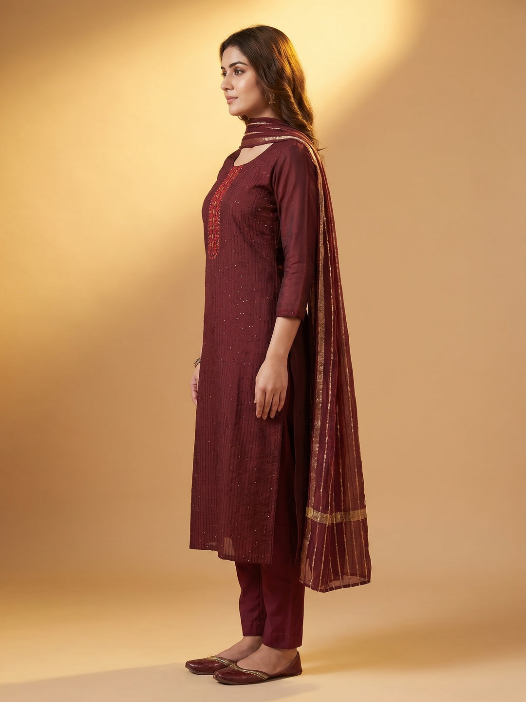 Maroon Sequins Embroidered Chanderi Dress Material - Image 3