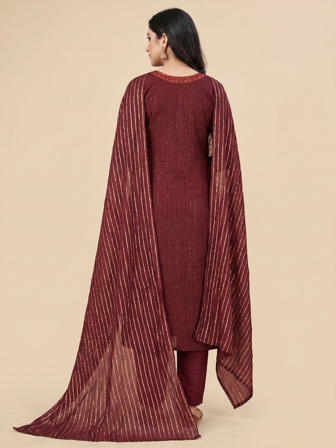 Maroon Sequins Embroidered Chanderi Dress Material - Image 2