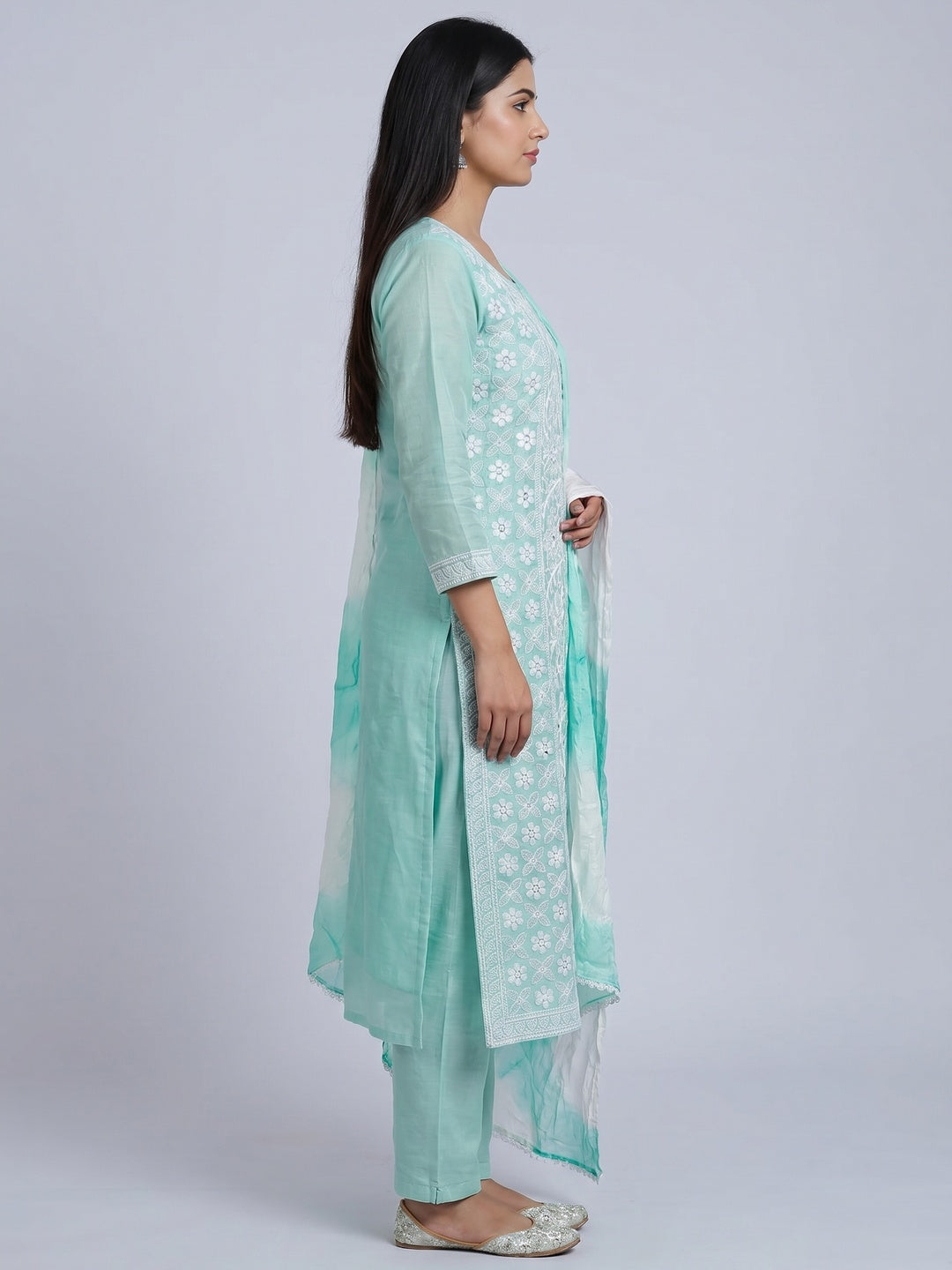 Rama Floral Embroidered Chanderi Dress Material - Image 1