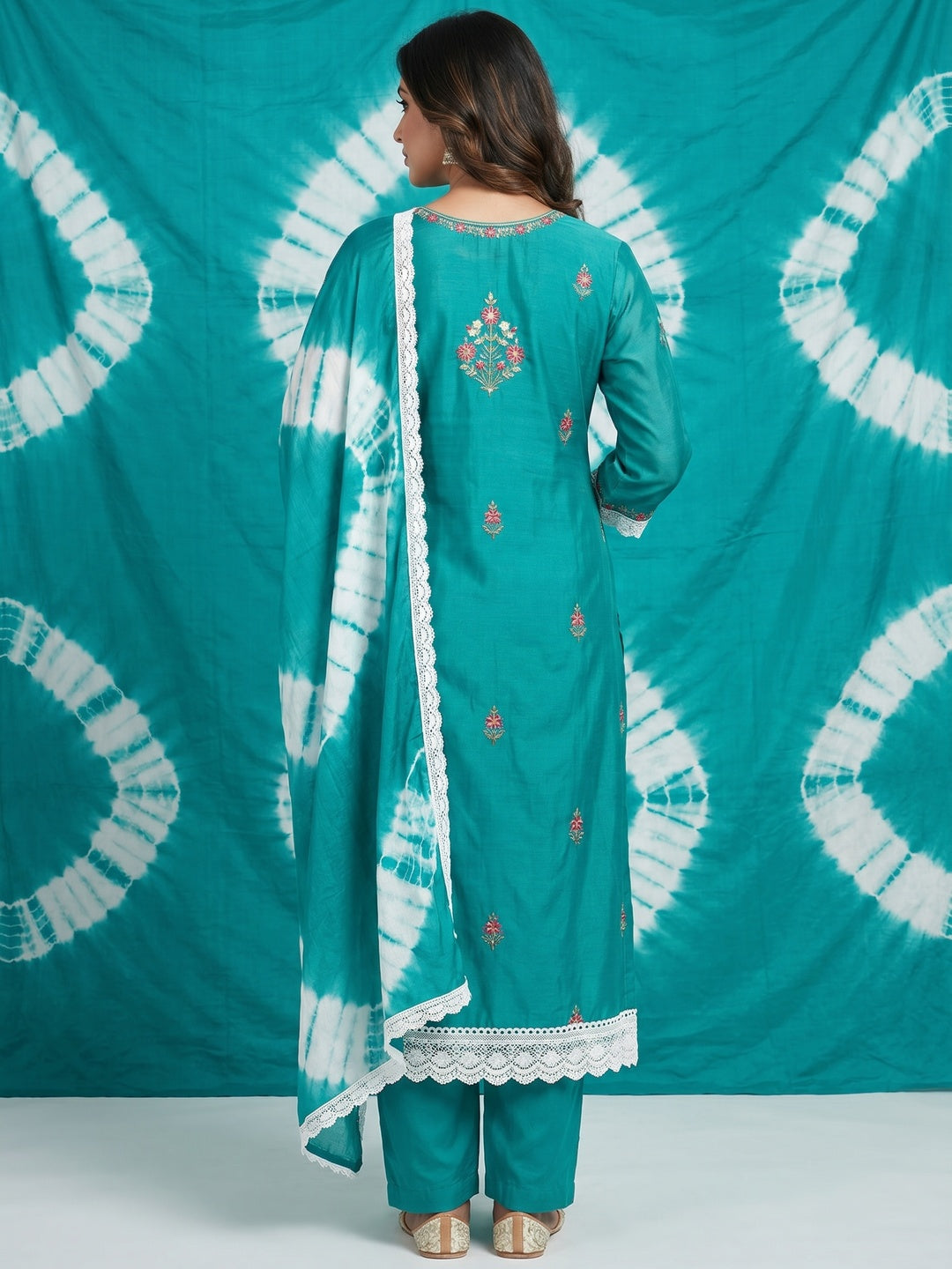 Rama Floral Embroidered Chanderi Dress Material - Image 2
