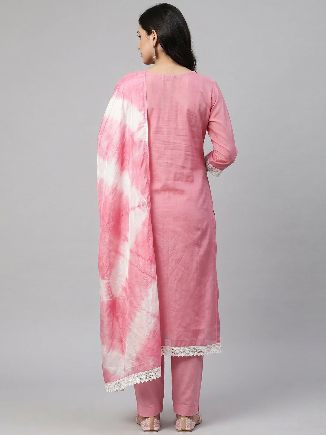 Pink Floral Embroidered Chanderi Dress Material - Image 2