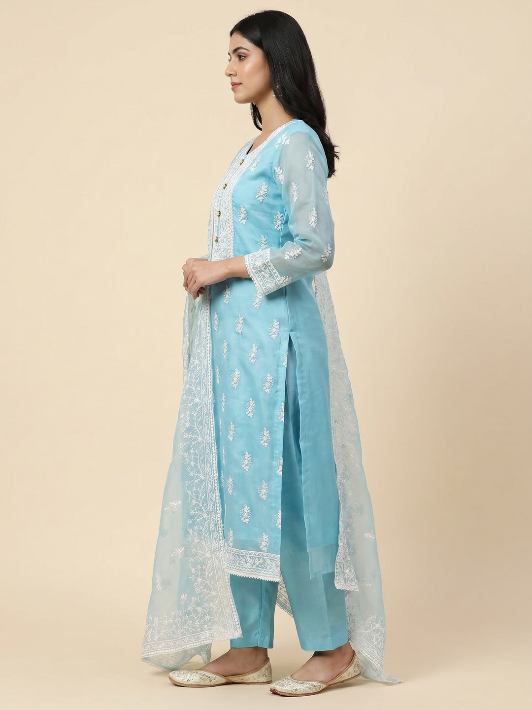 Blue Floral Embroidered Organza Dress Material - Image 1
