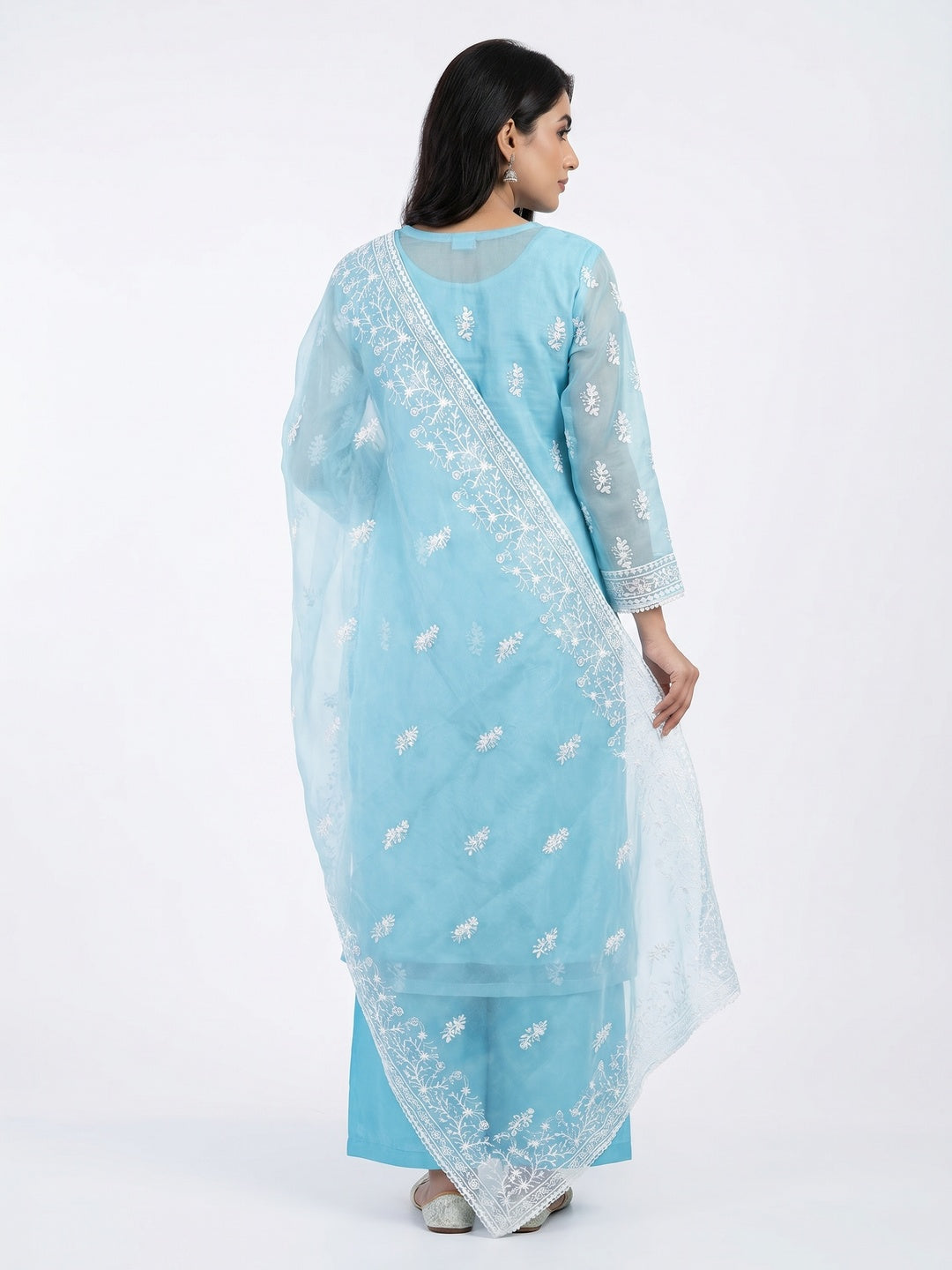 Blue Floral Embroidered Organza Dress Material - Image 2