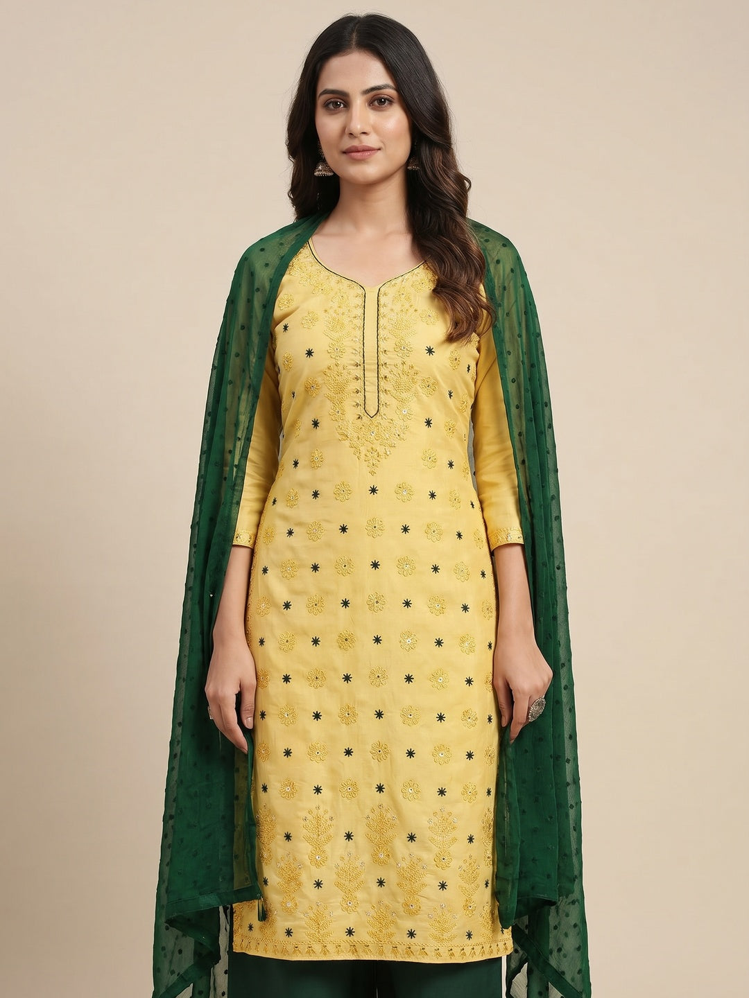 Yellow Floral Embroidered Art Silk Dress Material - Image 1