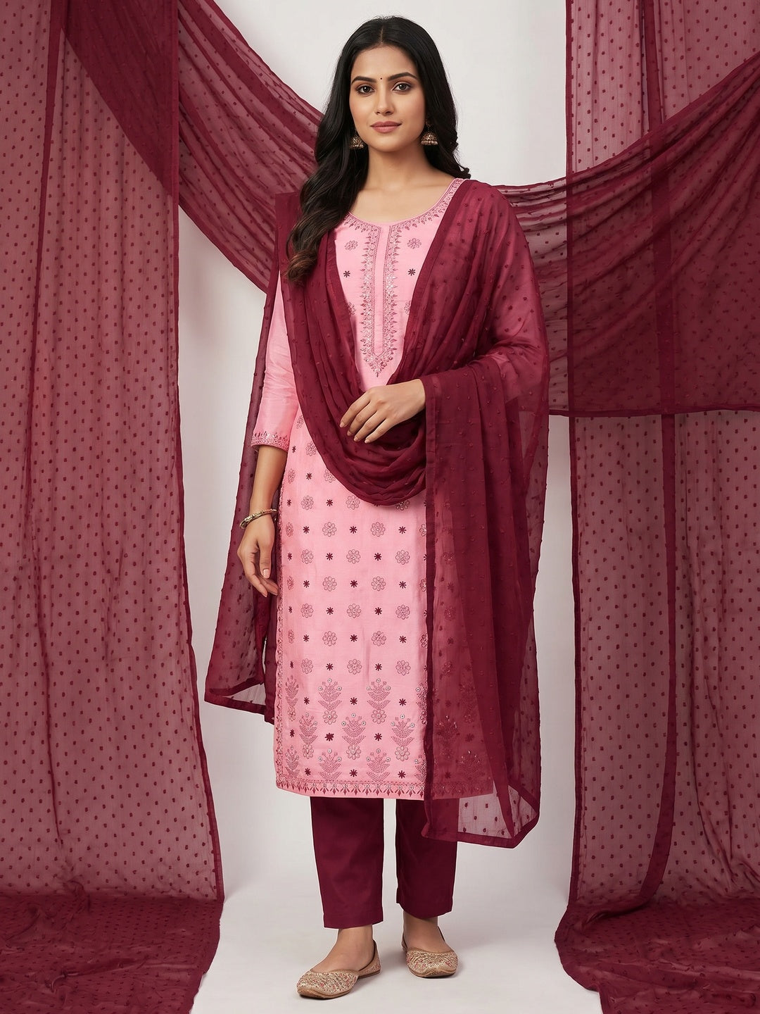 Pink Floral Embroidered Art Silk Dress Material - Image 1