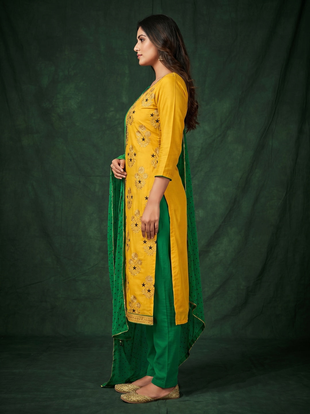 Yellow Floral Embroidered Art Silk Dress Material - Image 2