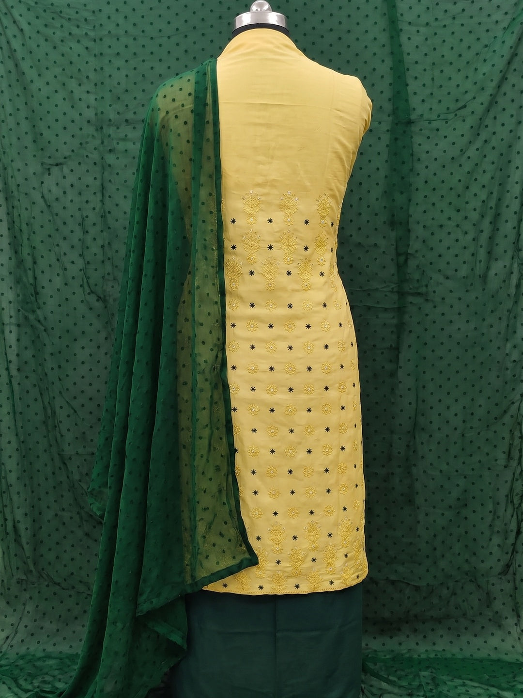 Yellow Floral Embroidered Art Silk Dress Material - Image 3