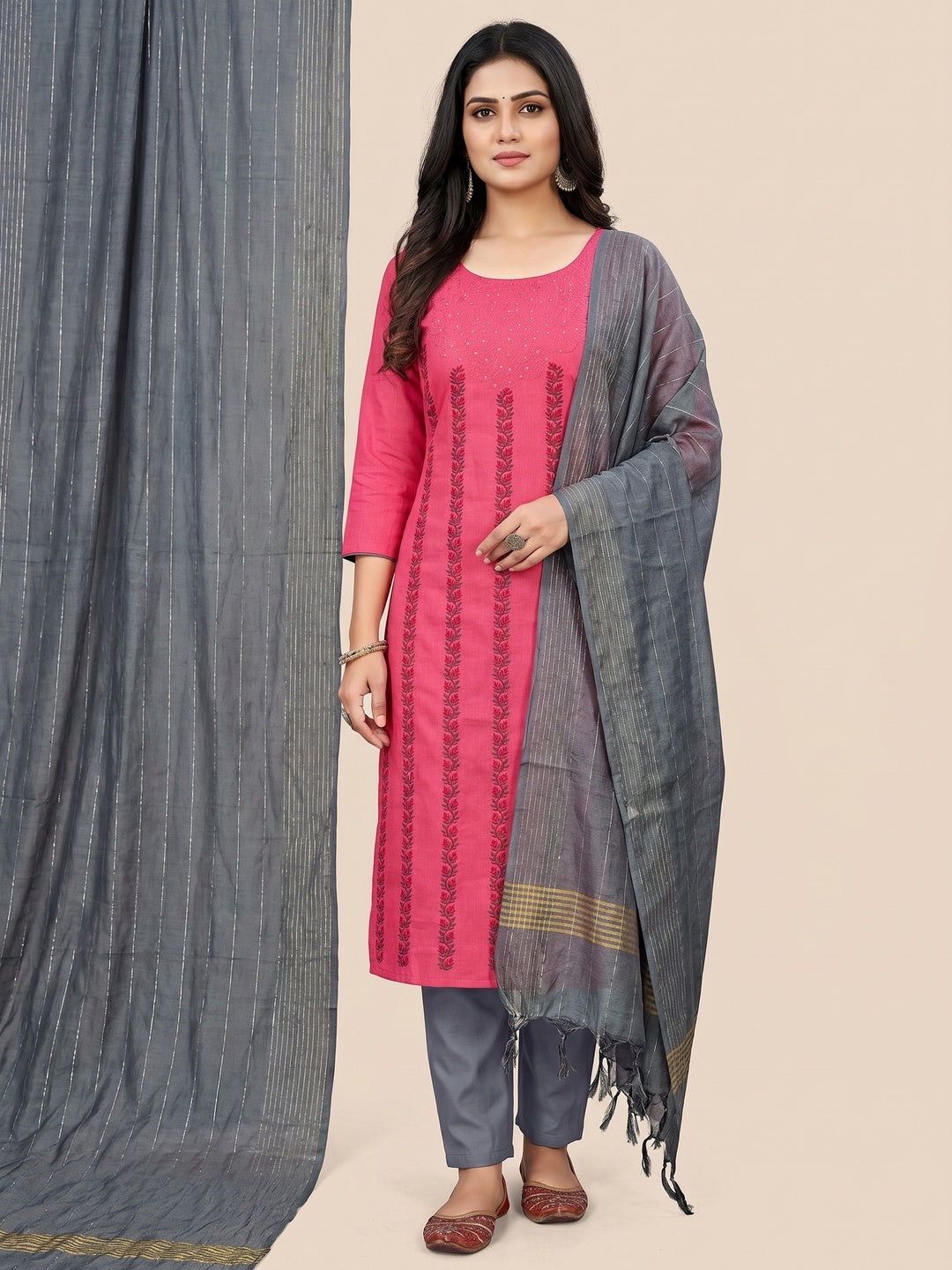 Pink Sequins Floral Embroidered Pure Cotton Dress Material - Image 1