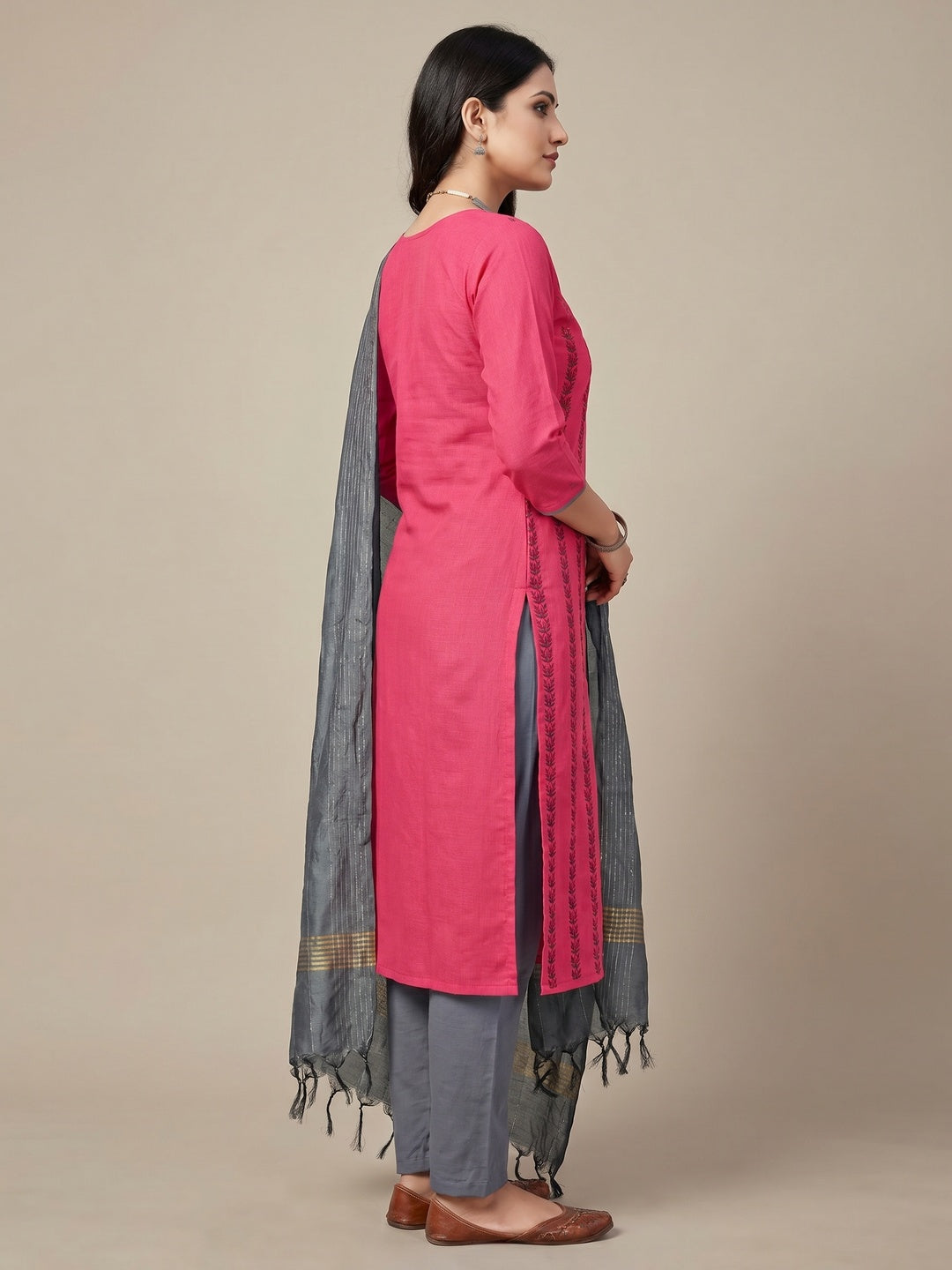 Pink Sequins Floral Embroidered Pure Cotton Dress Material - Image 2