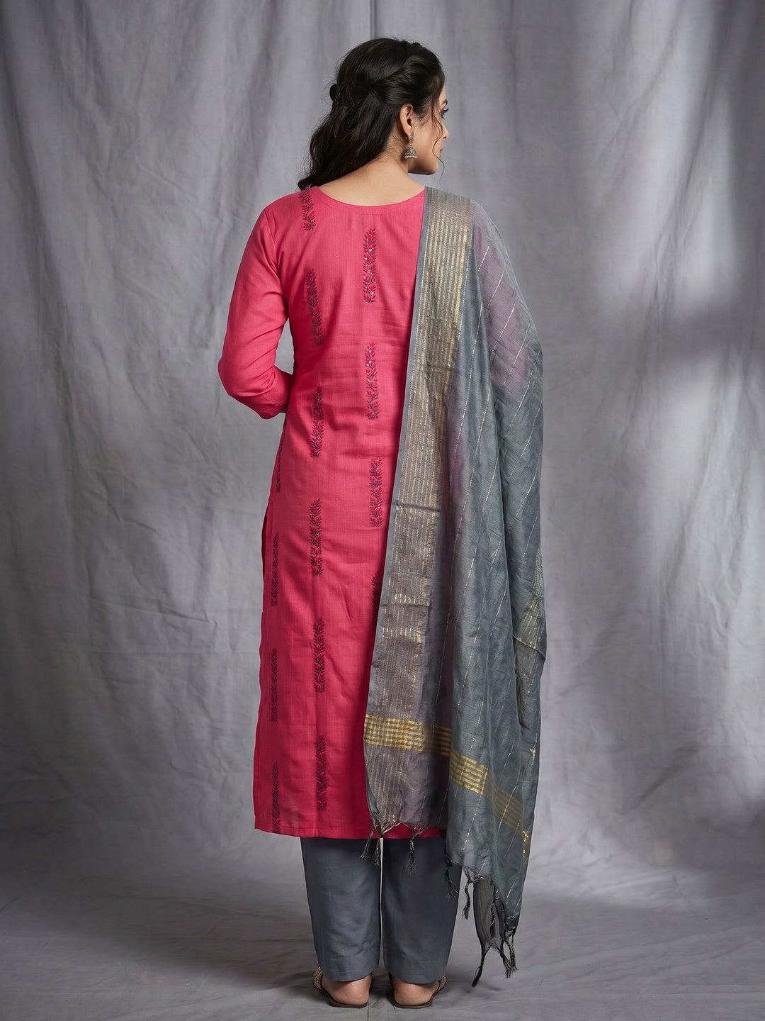 Pink Sequins Floral Embroidered Pure Cotton Dress Material - Image 3