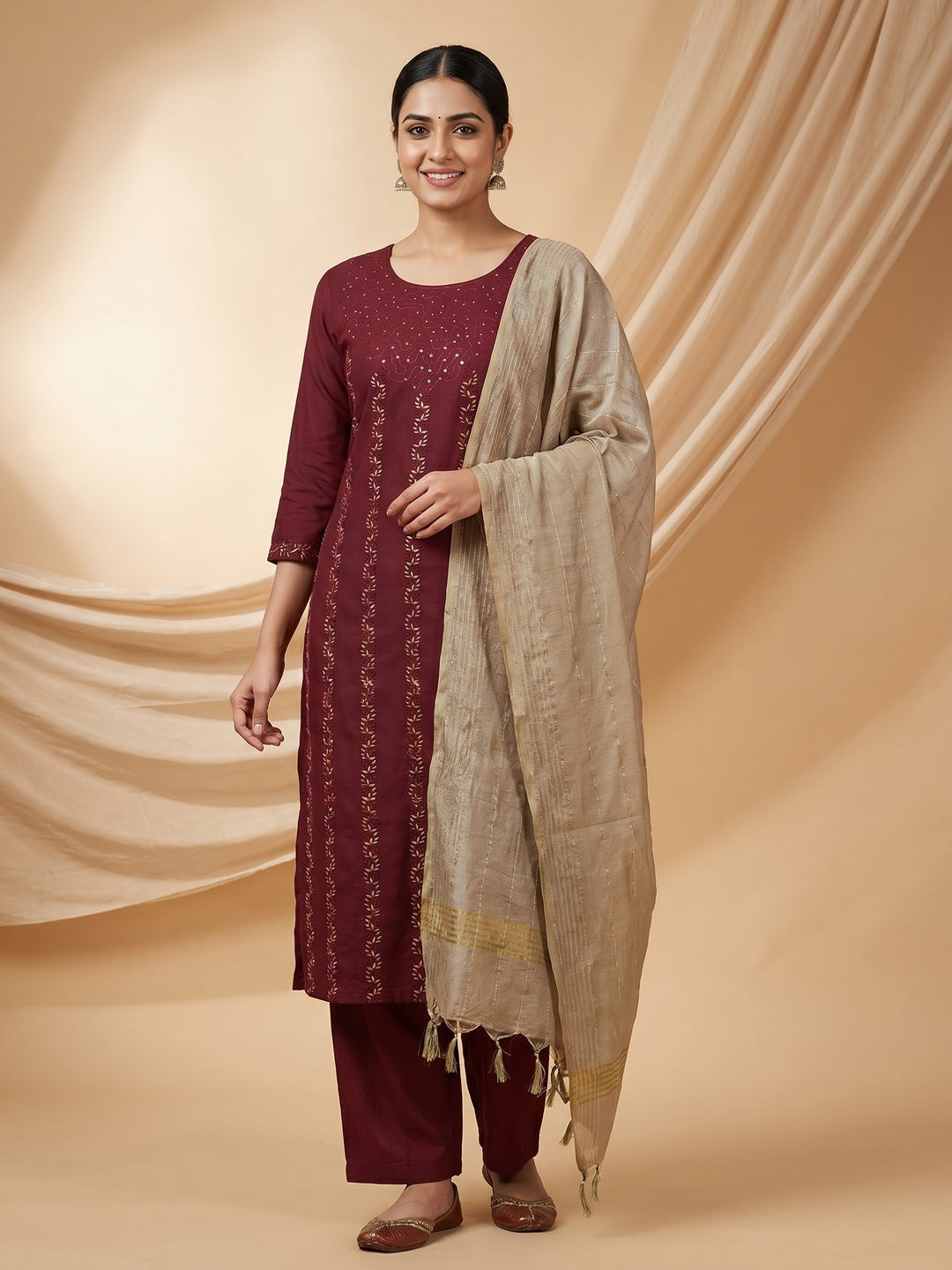 Maroon Sequins Floral Embroidered Pure Cotton Dress Material - Image 1
