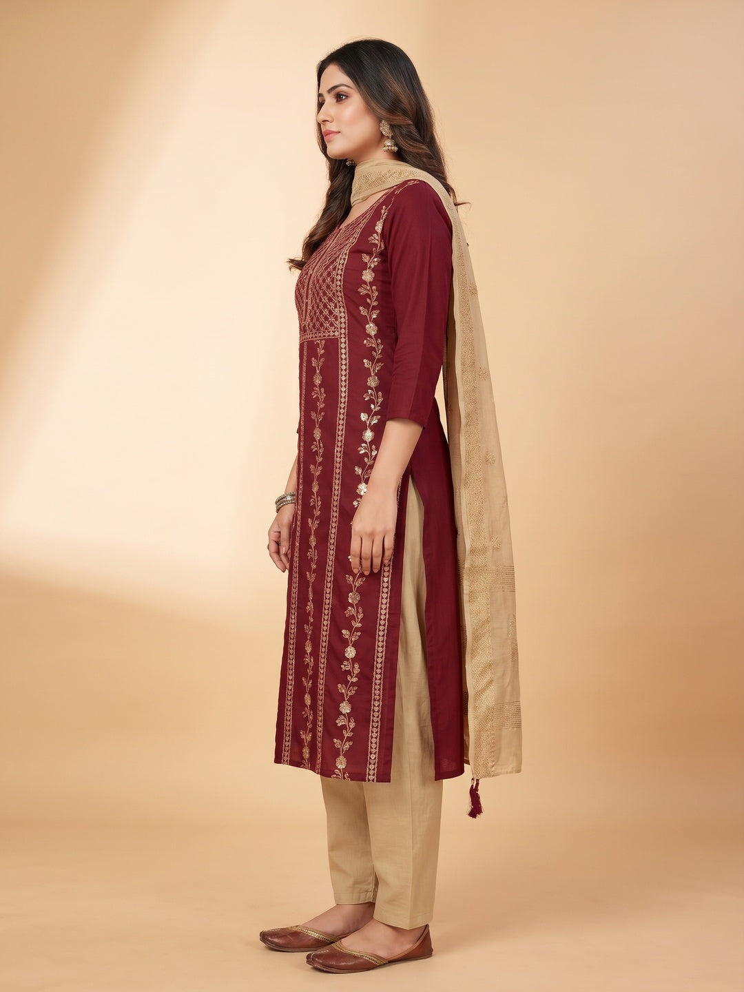 Maroon Sequins Floral Embroidered Pure Cotton Dress Material - Image 3
