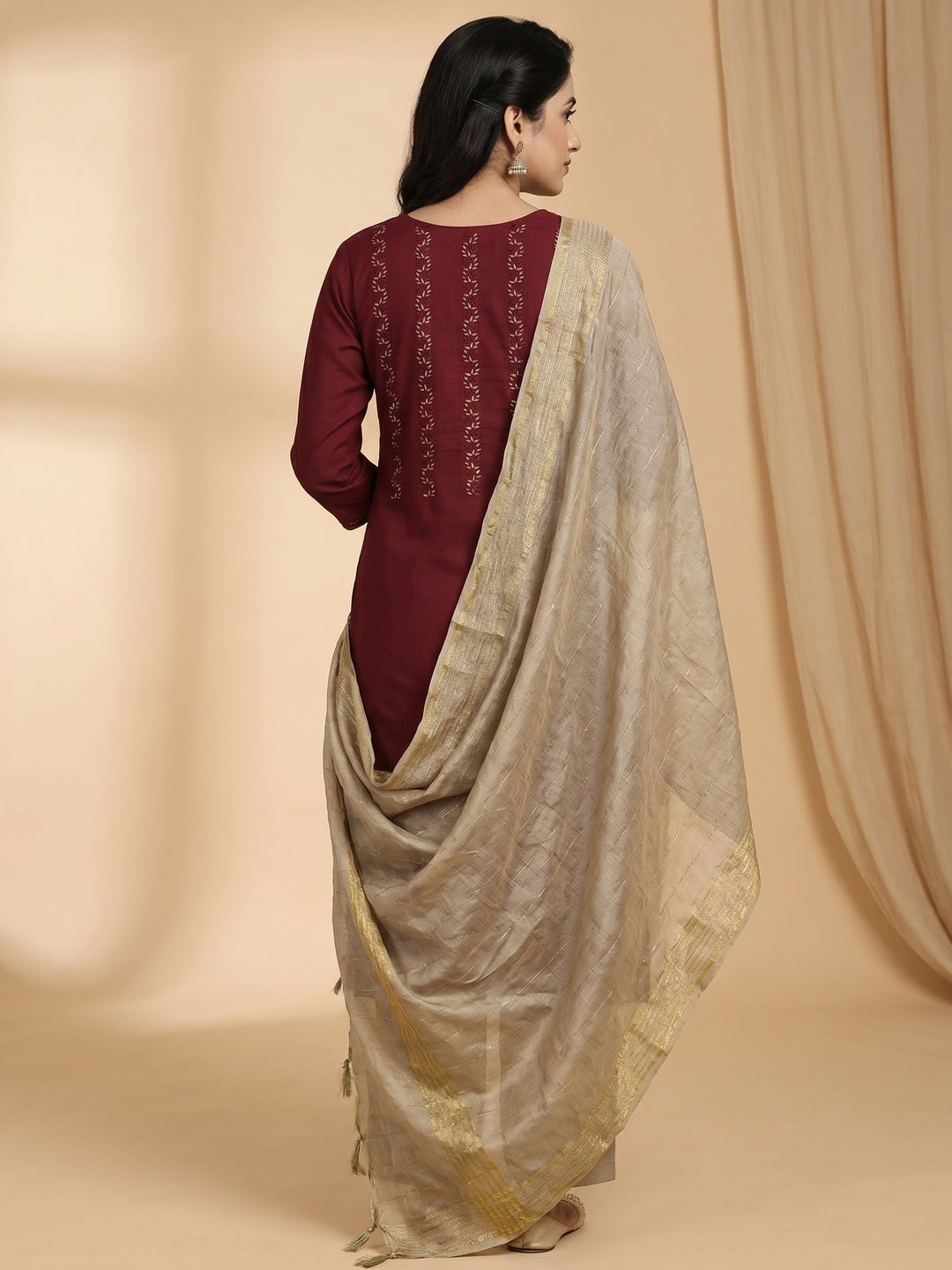 Maroon Sequins Floral Embroidered Pure Cotton Dress Material - Image 2