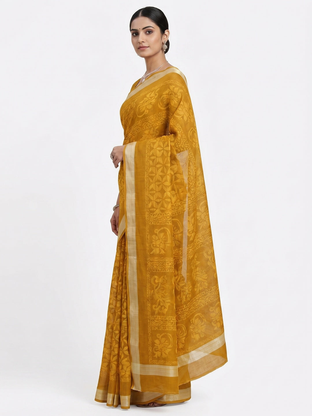 Yellow Floral Printed Linen Saree - Image 3