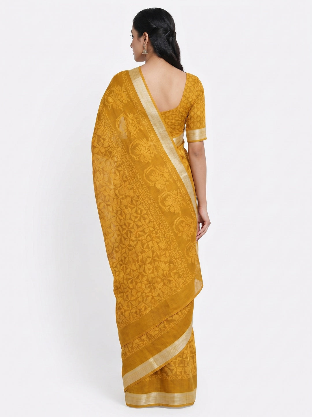 Yellow Floral Printed Linen Saree - Image 2