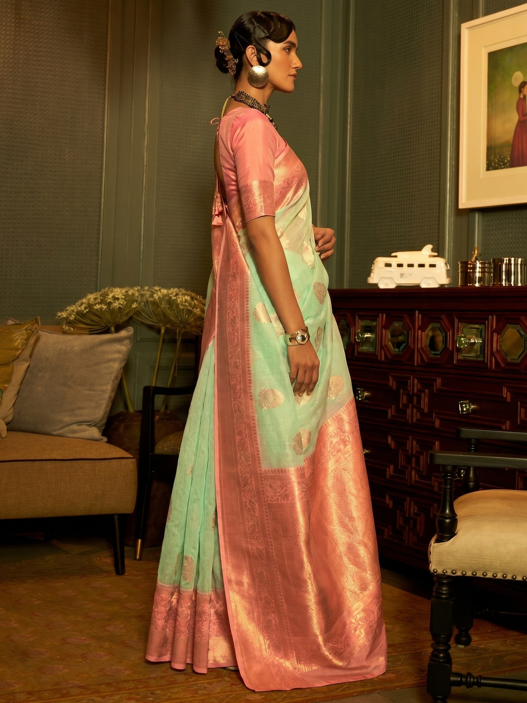 Turquoise Woven Linen Saree - Image 1