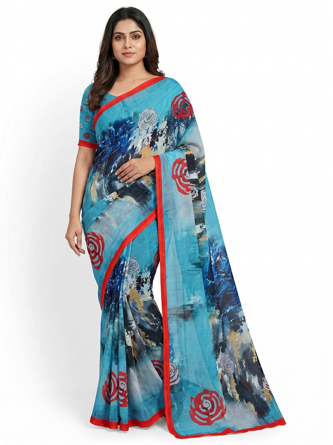 Blue Abstract Digital Printed Georgette Saree - Image 3