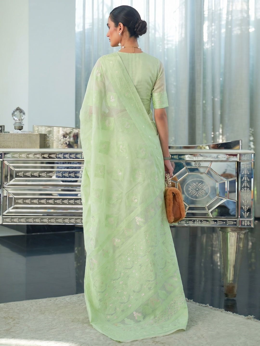 Pista Woven Lucknowi Chickankari Modal Saree - Image 1