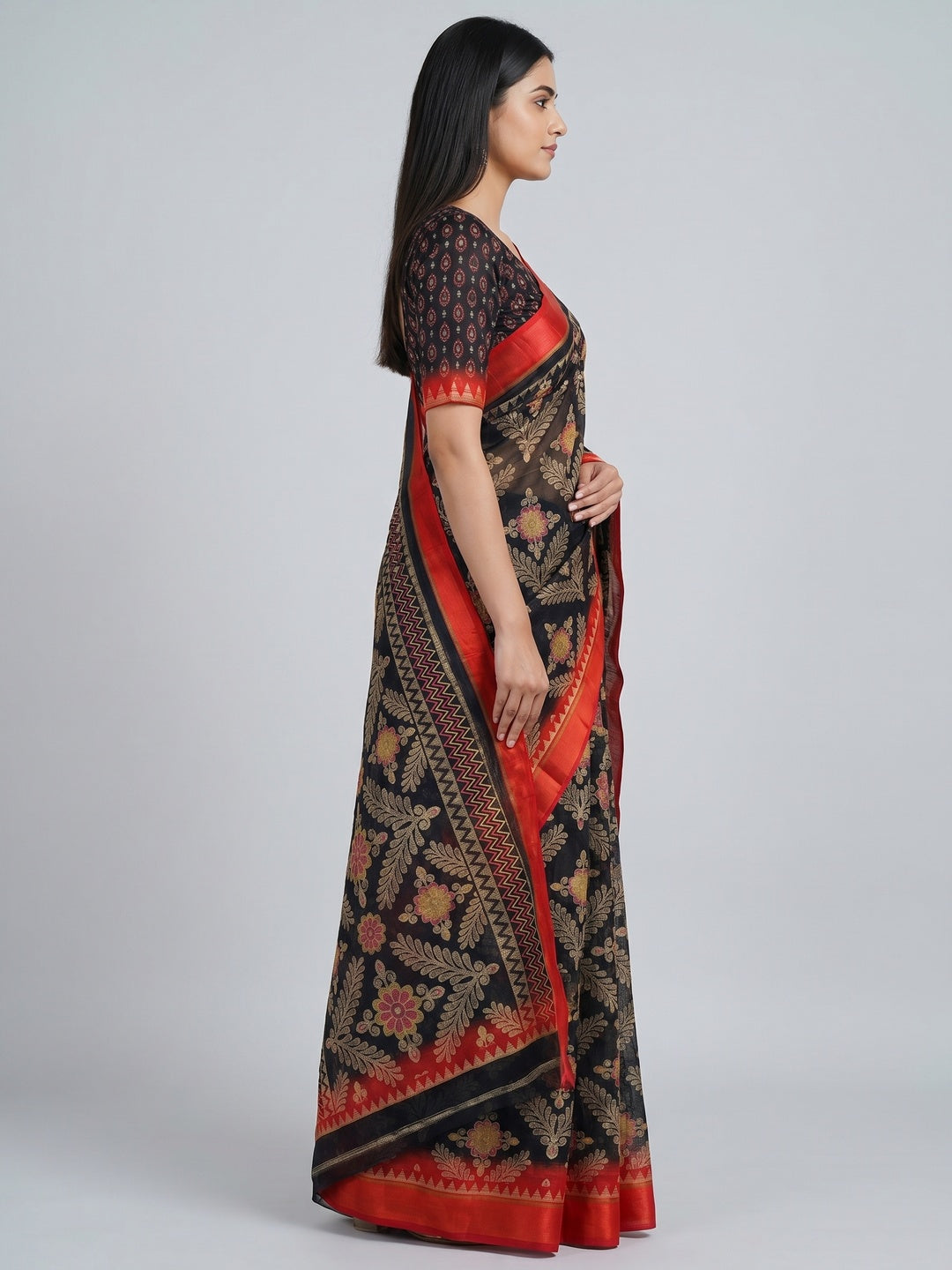Black Floral Digital Printed Kota Doria Saree - Image 3