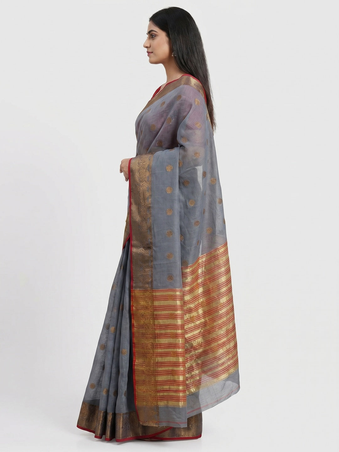 Grey Woven Linen Saree - Image 3