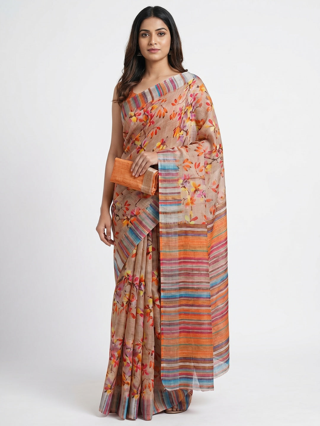 Brown Floral Printed Linen Saree - Image 1