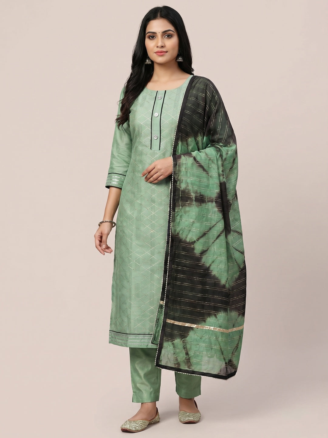 Green Checks Printed Chanderi Dress Material - Image 1