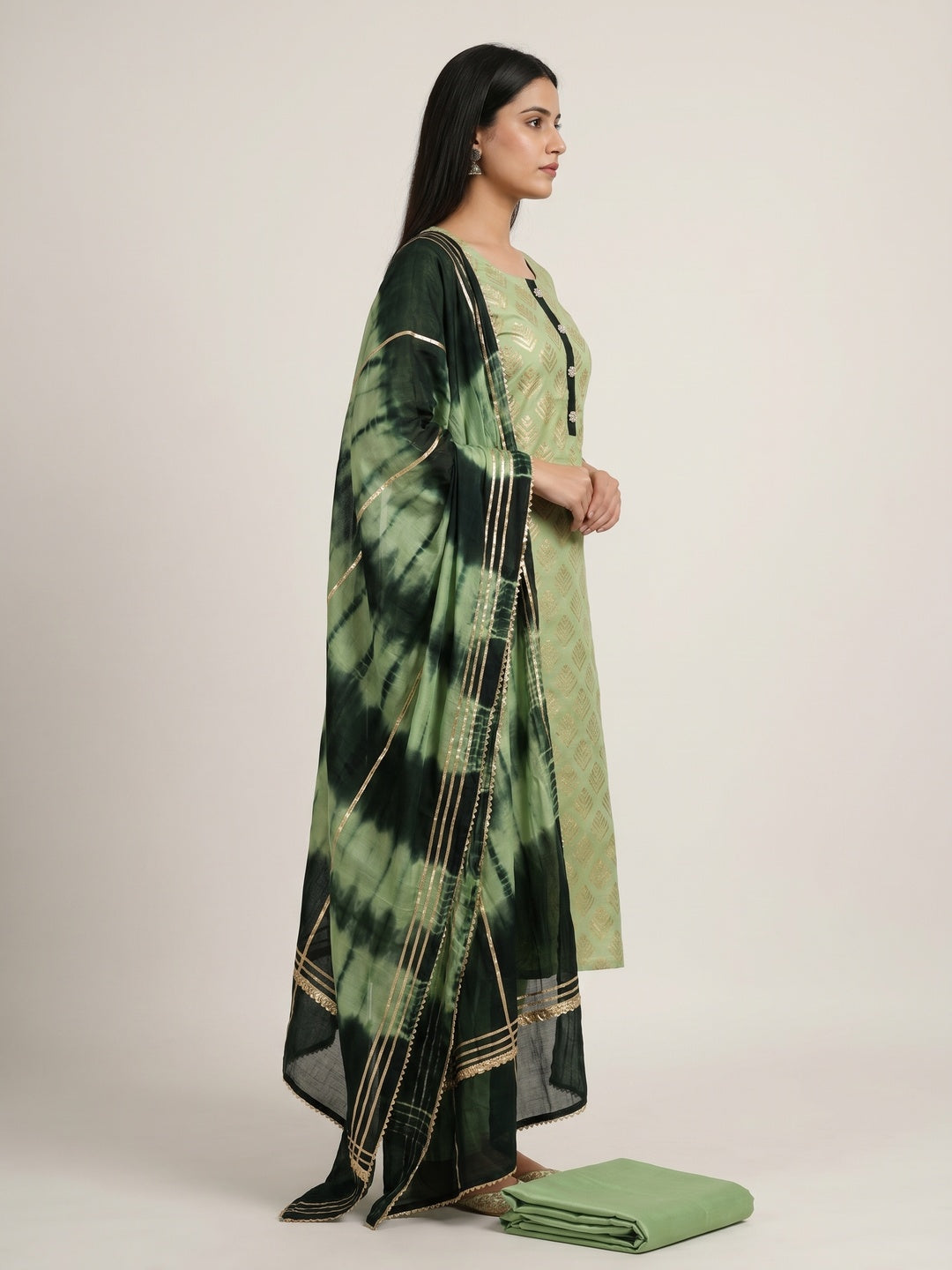 Green Checks Printed Chanderi Dress Material - Image 2